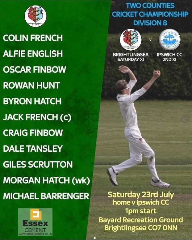 Saturday cricket up the Rec against our friends from <a href="/IpswichCricket/">Ipswich Cricket Club</a>.  Come and join us.

⏰ 1pm
📌 Brightlingsea Recreation Ground
🌞 Sunny
🍺 Bar's open

🏏🏏🏏🏏🏏🏏