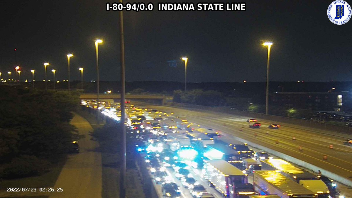 WBBM1059Traffic's tweet photo. On EB 80/94 there is a multi-car crash that has all lanes blocked at Calumet Ave as seen on @INDOT cameras. Traffic is jammed up starting at the IL State Line. Take the Skyway to avoid this as it will be closed for some time. @WBBMNewsradio #IndianaTraffic #ChicagoTraffic #NWI https://t.co/TKLD0aJb71