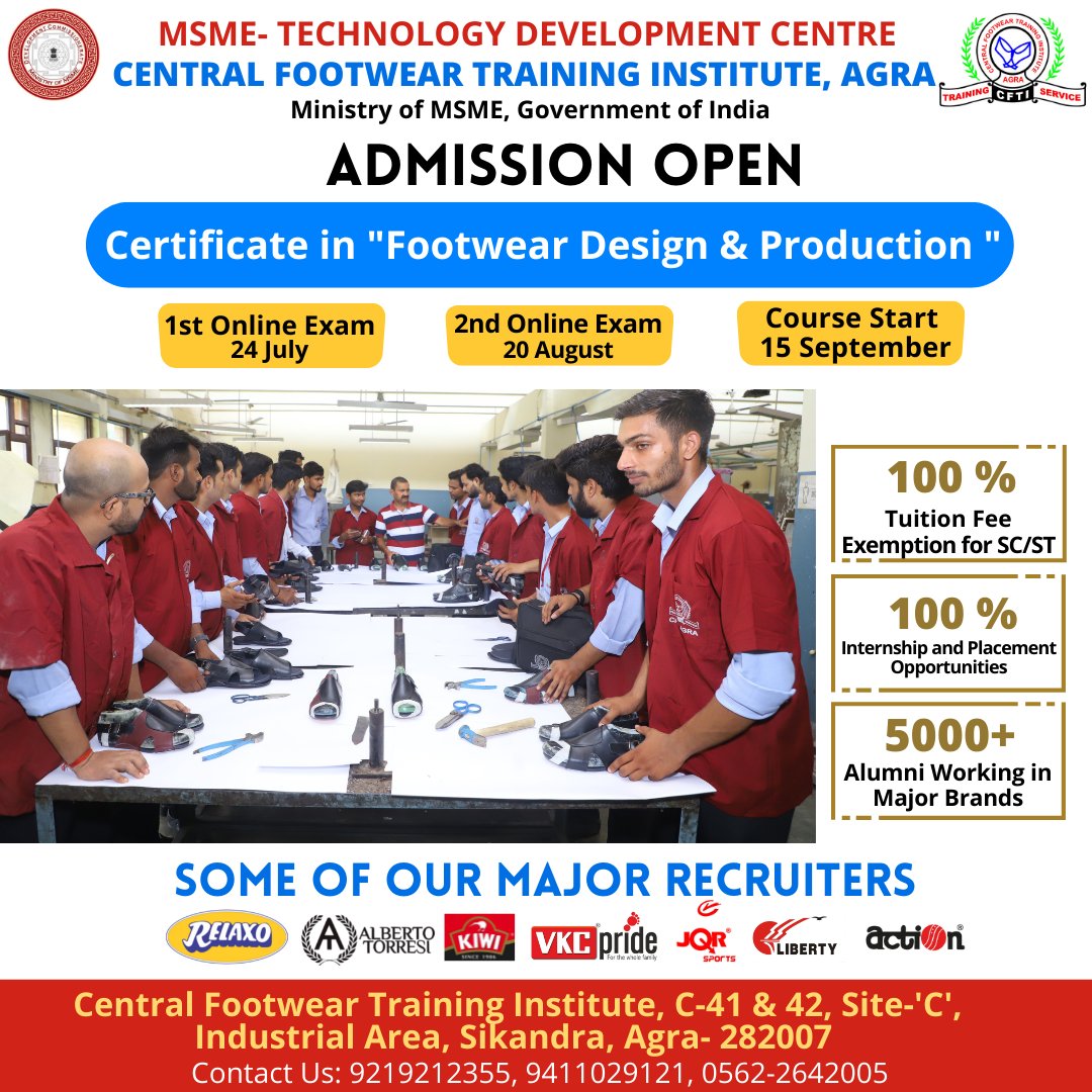 CFTIAGRA's tweet photo. Looking for a career change? Central Footwear Training Institute, Agra Can be a good option.
Admission open (2022-2023)
Contact:+91 92192 12355
#cfti #footwear #course #shoes #craft #cftiagra
#training #footweartraining #traininginstitute #crafted #skills #learn #msme #government https://t.co/RNQlrgiO48