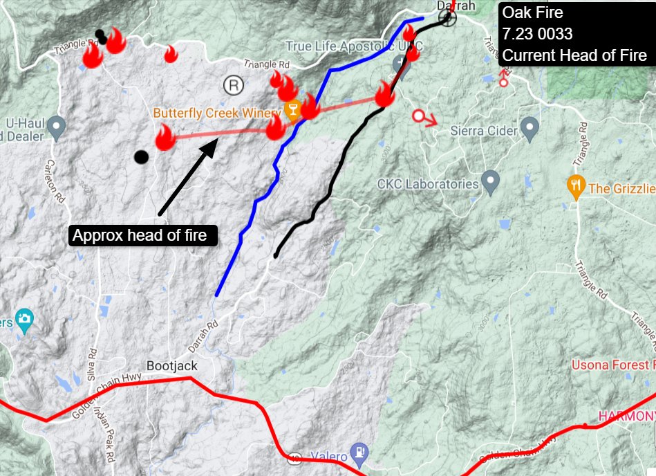 stacey_hb_'s tweet photo. 7.23 0035 Visual of the head of the fire via the #firis flight.  This is a very ROUGH eswtimation, but does show the general area so everyone has an idea of where it is with more reference points. #oakfire #midpines #jerseydale #mariposacounty #californiawildfires https://t.co/C53rx7OYG7
