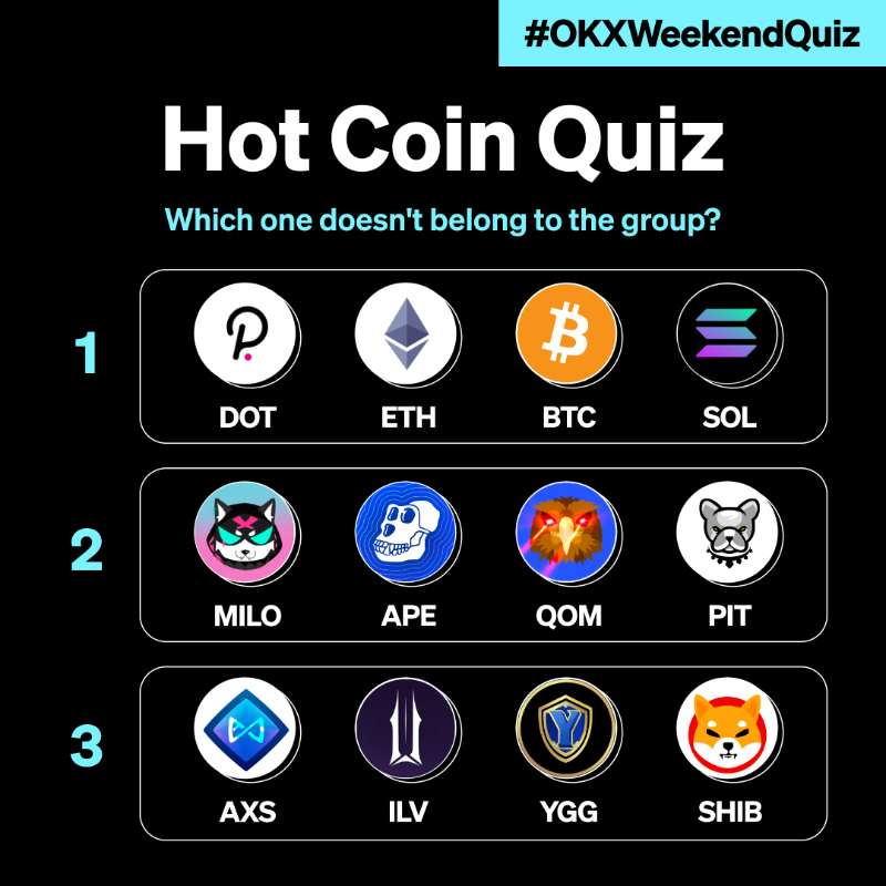 okx's tweet photo. #OKXWeekendQuiz: Hot Coin Quiz 🔥

Which one doesn't belong to the group?

Win up to 120 $USDT 💰

To enter:
1⃣️ Follow + Like + Retweet
2⃣️ Comment your answer &amp; @ 2 friends
3⃣️ Fill ⤵️