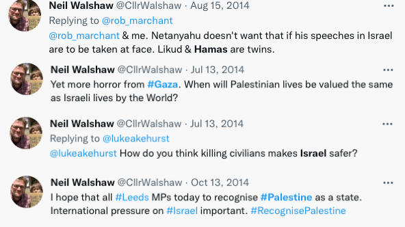 Labour councillor @CllrWalshaw has been trolling me with his support for Ilhan Omar and the 'Squad', so I checked his TL. As well as the usual anti-Israel drivel, he also believes that there's moral equivalency between Likud and Hamas. No wonder Walshaw's an Ilhan Omar fanboy!