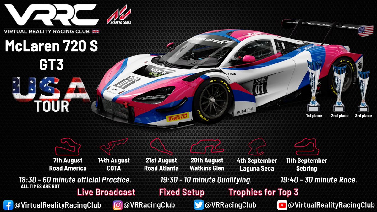 Our next VRRC Fun Cup will be running the McLaren 720S GT3 on a 6 round, USA Tour. 60 minute official practice, 10 minute qualifying and a 30 minute race. Join the VRRC Discord for details on how to get involved. discord.gg/NfuvuW9wXJ #esports #simracing #simracingleagues