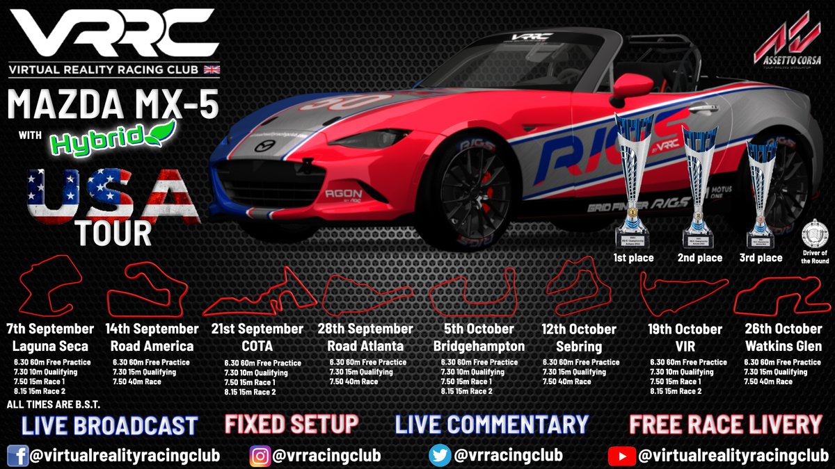A USA Tour with 8 rounds, 4 rounds are Sprint races and 4 rounds are 40 minute Endurance. We added a Turbo and Hybrid boost to the MX-5 engine and 3 tyre compounds. Join us on Discord to find out how to enter.
discord.gg/5tKGwbbrbS
#simracing #esports #simracingleagues #mx5