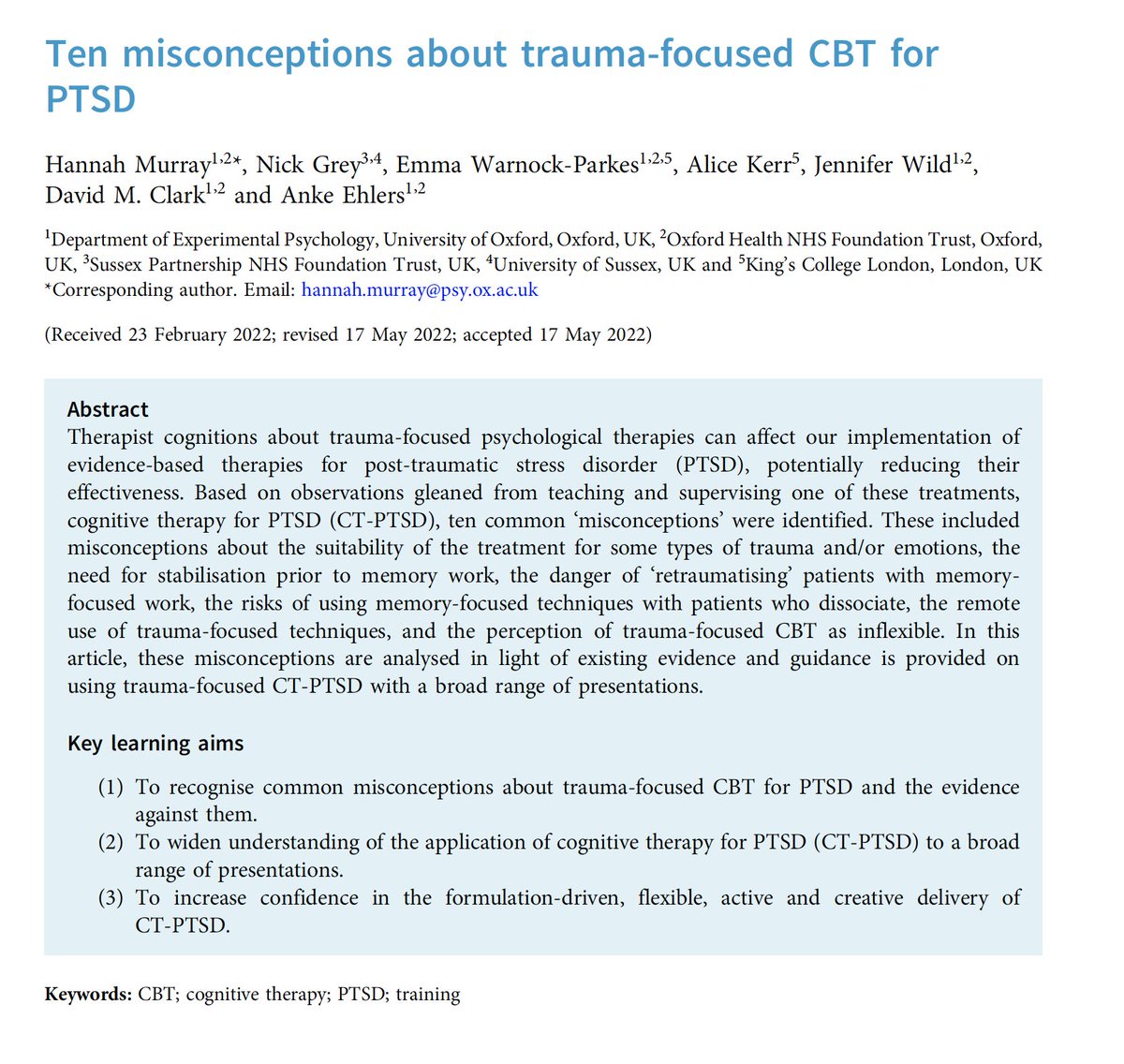 tCBT & BCP are on BlueSky etc (@thecbtjournal) on Twitter photo New tCBT paper: Ten misconceptions about trauma-focused CBT for PTSD
Full free text at cambridge.org/core/journals/…
<a href="/BABCP/">BABCP</a> @rthwaites <a href="/MurrayPTSD/">Hannah Murray</a> <a href="/nickdgrey/">Nick Grey</a> <a href="/DrEmmaWParkes/">EmmaWParkes</a> <a href="/DrAliceHKerr/">Alice Kerr 💙</a> <a href="/DrJenWild/">Dr Jennifer Wild</a> <a href="/lindsayflook/">Lindsay Flook</a> @CurnowSteph New tCBT paper: Ten misconceptions about trauma-focused CBT for PTSD
Full free text at cambridge.org/core/journals/…
<a href="/BABCP/">BABCP</a> @rthwaites <a href="/MurrayPTSD/">Hannah Murray</a> <a href="/nickdgrey/">Nick Grey</a> <a href="/DrEmmaWParkes/">EmmaWParkes</a> <a href="/DrAliceHKerr/">Alice Kerr 💙</a> <a href="/DrJenWild/">Dr Jennifer Wild</a> <a href="/lindsayflook/">Lindsay Flook</a> @CurnowSteph