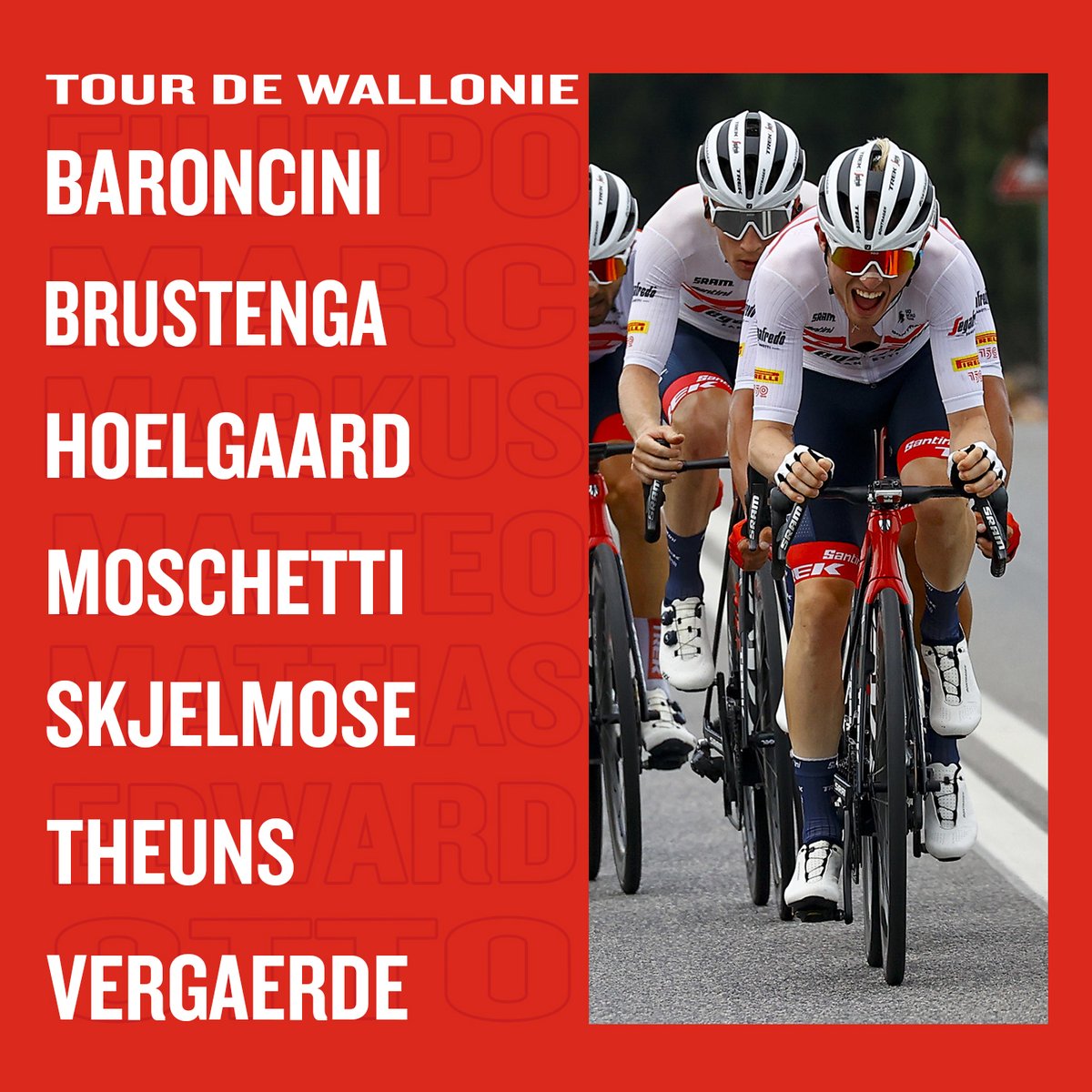 In the footsteps of <a href="/QuinnSimmons9/">Quinn Simmons</a>, we aim to leave our mark also on 2022 edition of <a href="/tourdewallonie/">Tour de Wallonie & GP de Wallonie</a> 🇧🇪

Stage 1⃣ starting in a couple of hours - Go Team!
🇮🇹 <a href="/Filobaroncini/">Filippo Baroncini</a>
🇪🇸 <a href="/MarcBrustenga/">Marc Brustenga</a>
🇳🇴 <a href="/MarkusHoelgaard/">Markus Hoelgaard</a>
🇮🇹 <a href="/moschettiteo/">Matteo Moschetti</a>
🇩🇰 <a href="/skjelmose_/">Mattias Skjelmose</a>
🇧🇪<a href="/EdwardTheuns/">Edward Theuns</a>
🇧🇪<a href="/Ottovergaerde/">Otto Vergaerde</a>