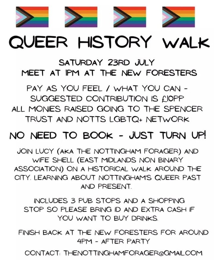 Still looking for something to do? Come join us on an lgbt+ history walk around Nottingham with some drink stops along the way! #Pride #Nottingham #lgbtcommunity