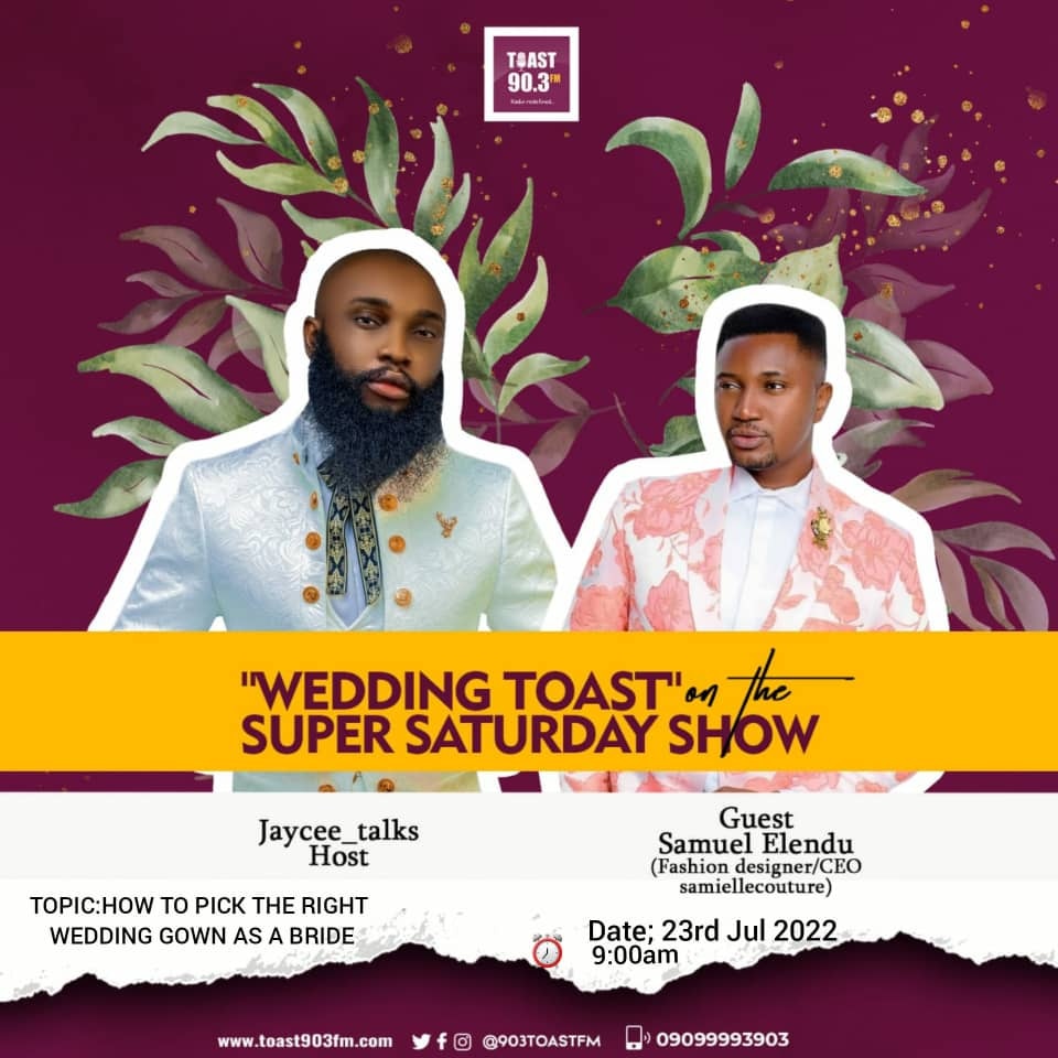 903toastfm's tweet photo. HOW TO PICK A WEDDING GOWN AS A BRIDE.... Join us on #weddingbells today with @jayceetalks360 as we discuss this with Samuel Elendu a fashion designer
#supersaturdayshow🕺💃
#Toastofdacity
#toastOwerri▶️ https://t.co/usluWruxuB