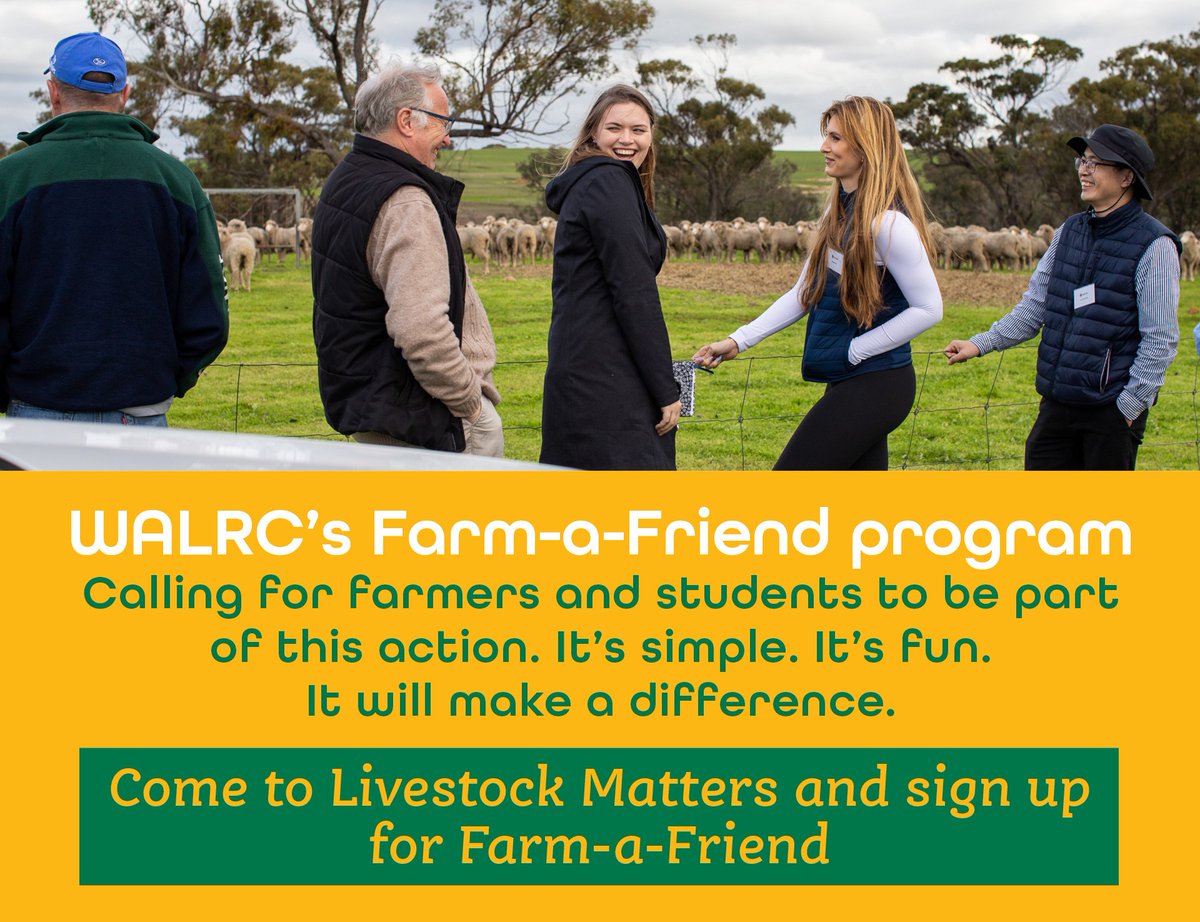 We are pretty excited about this! WALRC's Farm-a-Friend program that links students to livestock producers, kicks off at Livestock Matters on Aug 22. Head to walrc.com.au/events to find out more