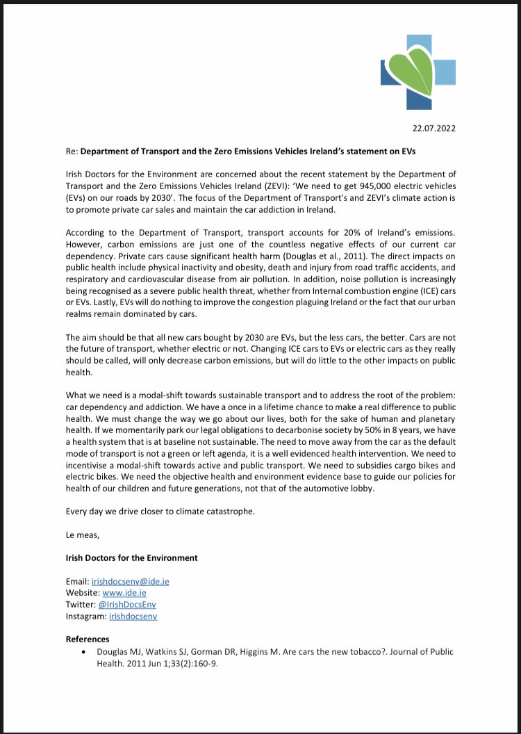 Our position on the governments plan to add 945,000 EV’s to the road: it misses a golden opportunity to drive a modal shift away from car dependency towards more active and healthier transport!
 @EamonRyan @Dept_Transport @ZEVIreland #ClimateActionIrl