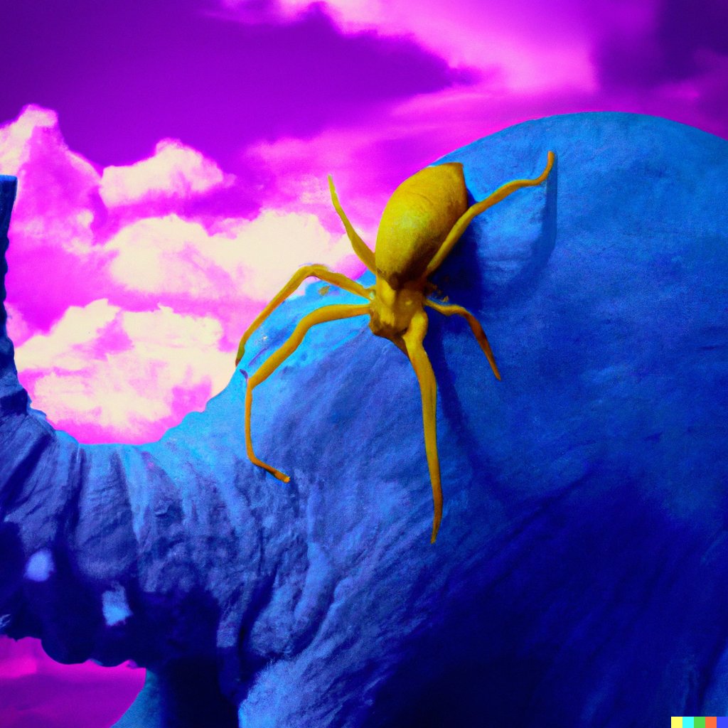 BirdCakeNet's tweet image. First time using DALL-E
labs.openai.com/s/ibNI4jMqj7tE…
#dalle #art #openai
Photo of a yellow spider sitting on a blue elephant with a purple Background and grenat fine Clouds