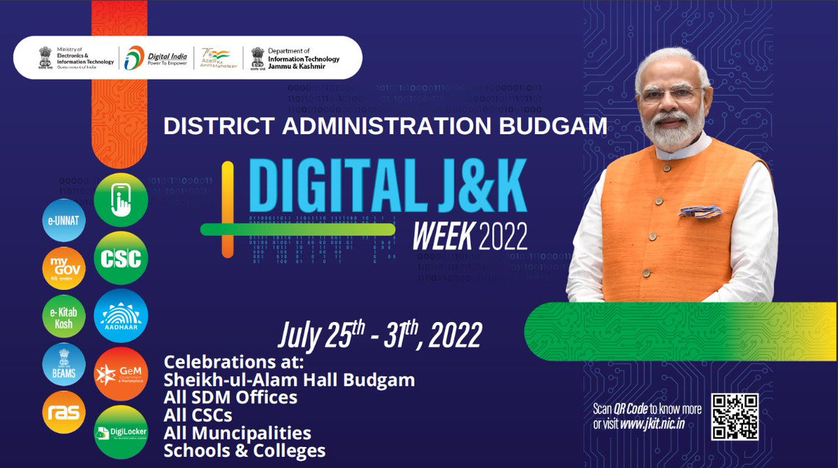 DC_Budgam's tweet photo. #DigitalJ&K 2022 being celebrated at All SDM offices, CSCs, Municipalities, schools & colleges in Budgam between July25-31.
Come and join Digi- Mela celebrations at Sheikh-ul-Alam Hall from July25-27.
@OfficeOfLGJandK
@diprjk
@shahbazmirza9
@dicbudgam https://t.co/DQnFqnXefD