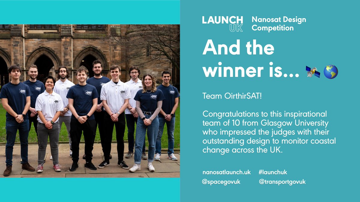 SpacetimeDev's tweet image. And the winner is....Team OirthirSAT! Congratulations to this inspirational team from Glasgow University &amp;amp; their outstanding design to monitor coastal change across the UK.
Visit buff.ly/3ofFlKp website to find out more!
#LaunchUK #nanosatcomp @spacegovuk @transportgovuk