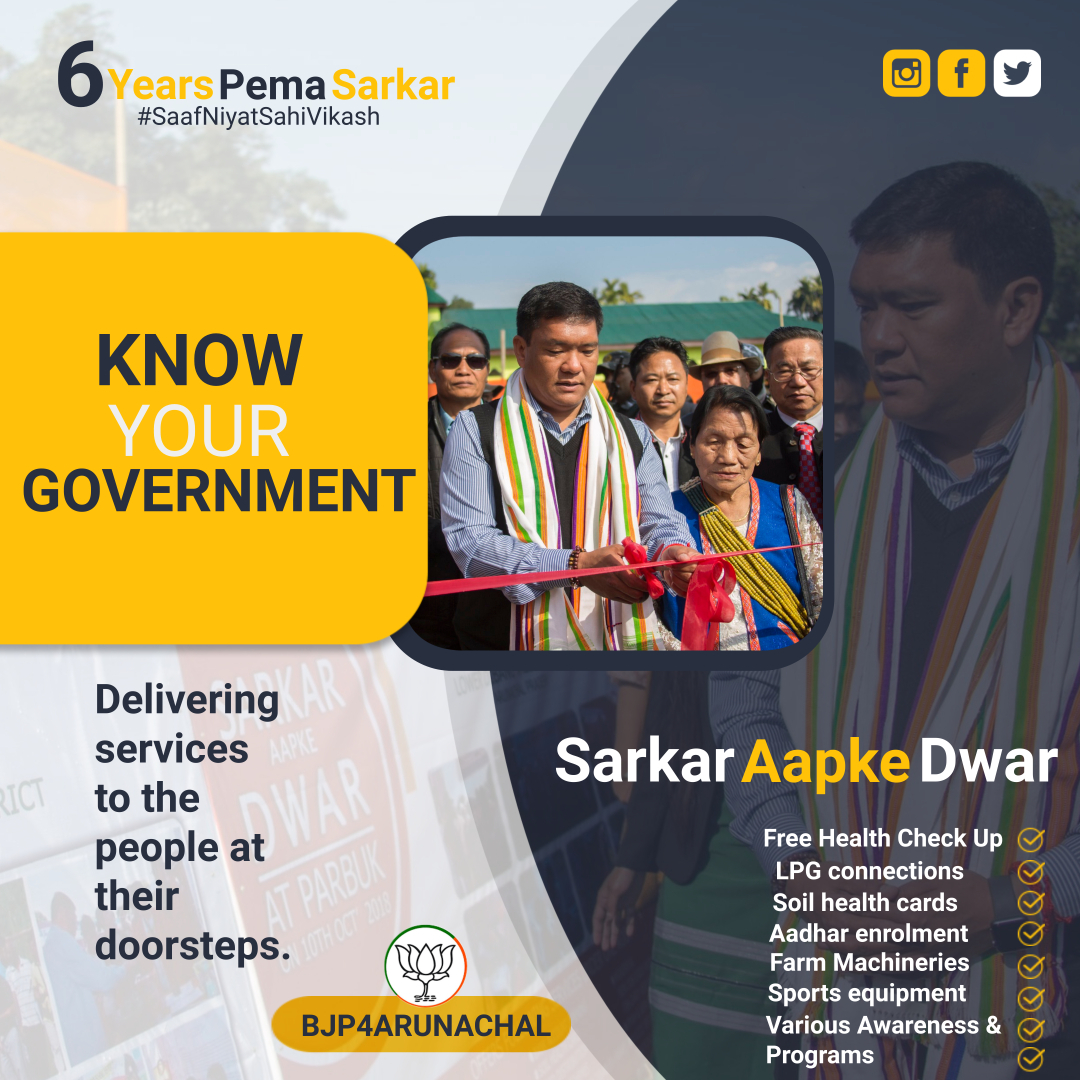 BJP4Arunachal's tweet photo. #PemaSarkar ensured that if you are in a remote village &amp; can’t reach the govt. then govt. will reach at your door step through #SarkarAapkeDwar initiative which has been very successful &amp; loved by the people. 
All the schemes &amp; initiatives at your doorsteps.

#6YearsOfPemaSarkar https://t.co/Sf6qus3wjg
