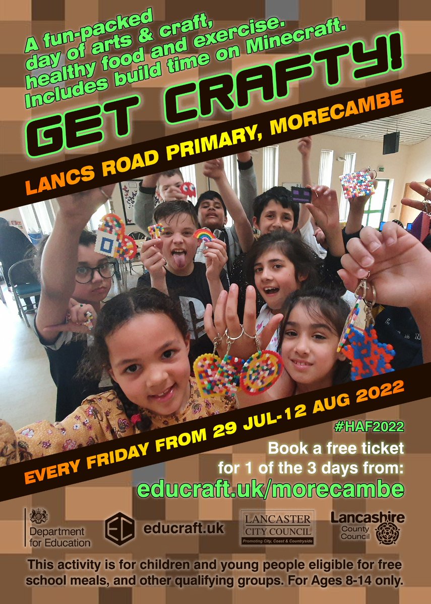 We are back in Morecambe with free holiday clubs at Lancaster Road Primary School from Monday 25th July - Friday 12th August 2022.

To book place(s) for your child or children, please visit eventbrite.co.uk/e/pixel-craft-…
