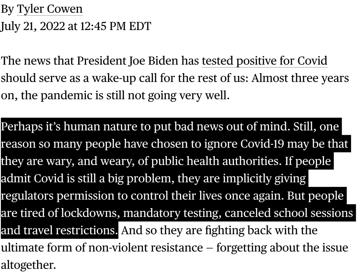 This seems right: people resist 'taking COVID seriously' because they fear they'll be asked to make major lifestyle sacrifices. A reasonable fear given the past 3 years. So maybe take-COVID-seriously advocates need to say explicitly they're NOT asking for big lifestyle changes.