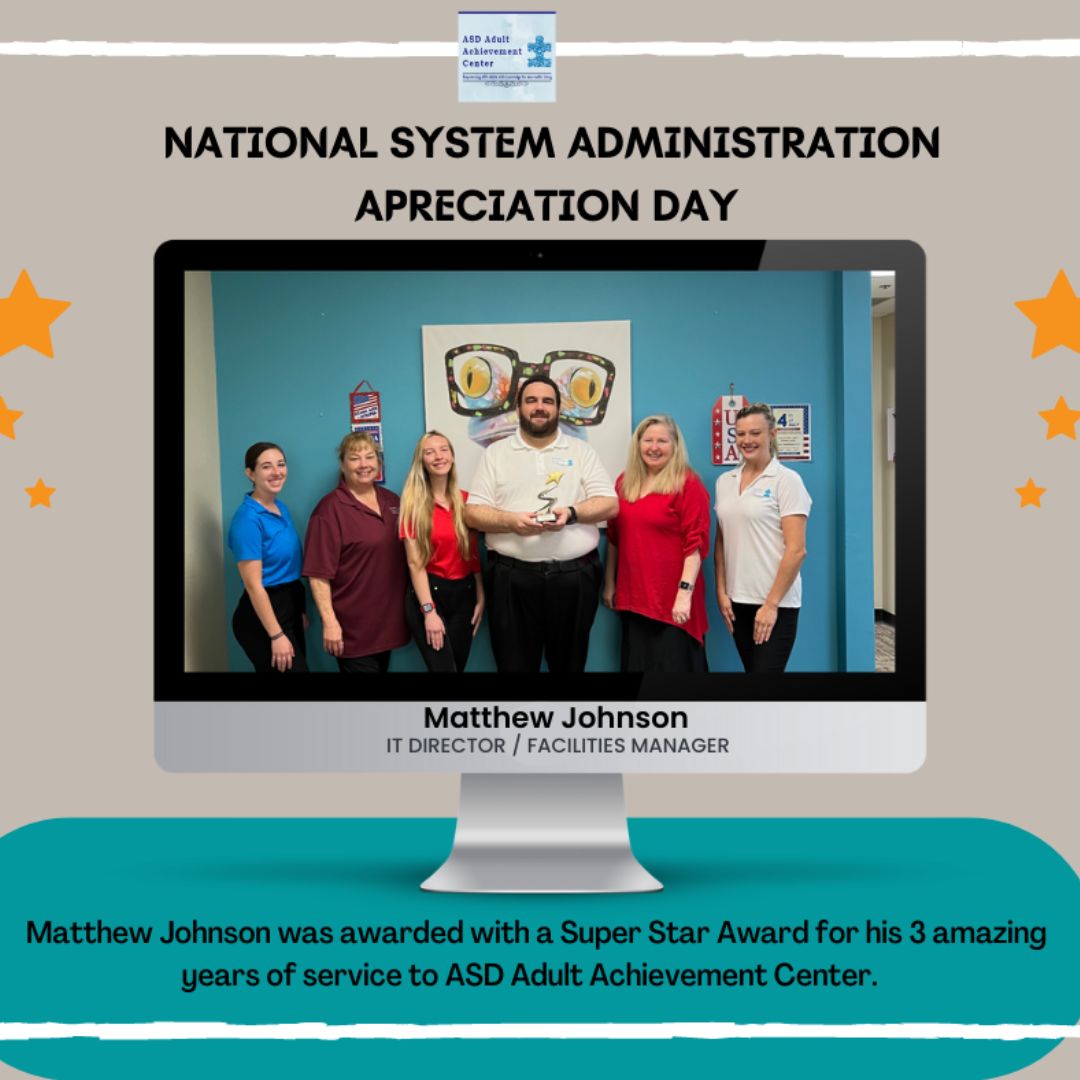 AsdAchievement's tweet image. Today we celebrate Matthew and all that he does for us! Happy 3 year anniversary. Thank you for all that you do for ASD Achievement. 

Tag a friend! Follow 👉 @AsdAchievement 👈 for more!

#SystemsAdministrationAppreciationDay #positivity #ASDAchievement #Adultswithautism