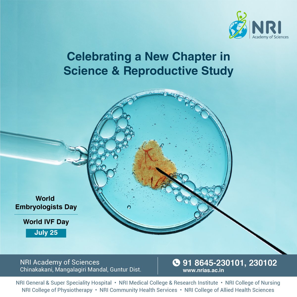 nriashospital's tweet photo. As the first IVF baby was born on July 25, 1978, this day is observed as IVF Day &amp; Embryologists Day to celebrate the efforts of the scientists behind this research.
#WorldEmbryologistsDay #WorldIVFDay #Embryologist #NRIAcademyOfSciences #NRIHospital #MedicalScience #Healthcare https://t.co/aHFZ7rNyjM
