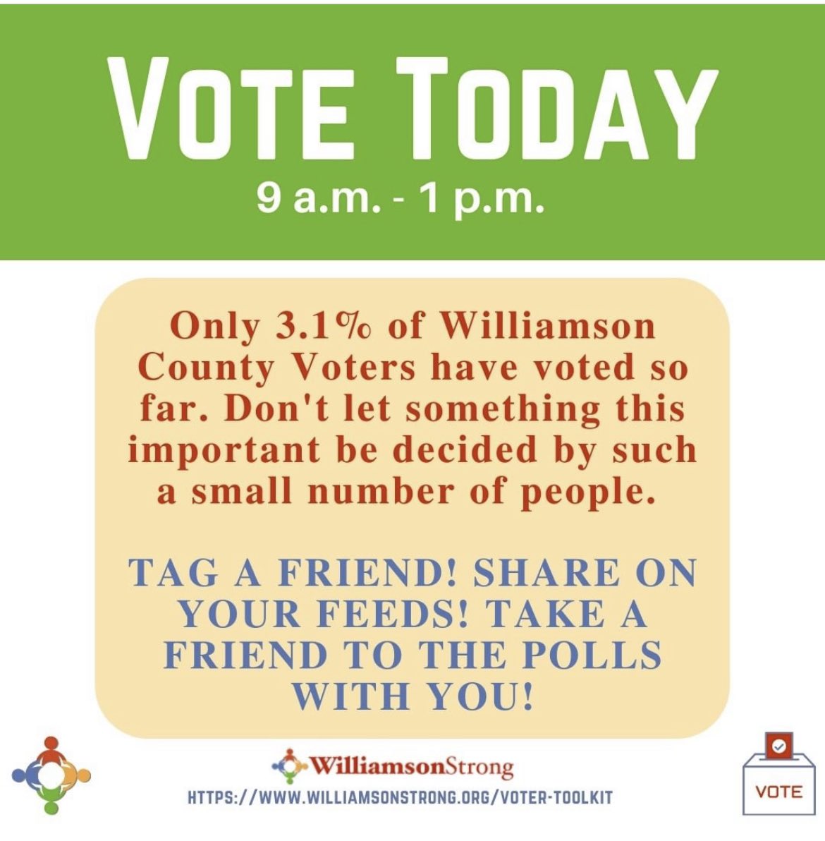 WilliamsonStrg's tweet image. Williamson! Polls are OPEN today from 9am - 1pm! 
🌟Please don’t sit this one out. 
📚Our schools need you.