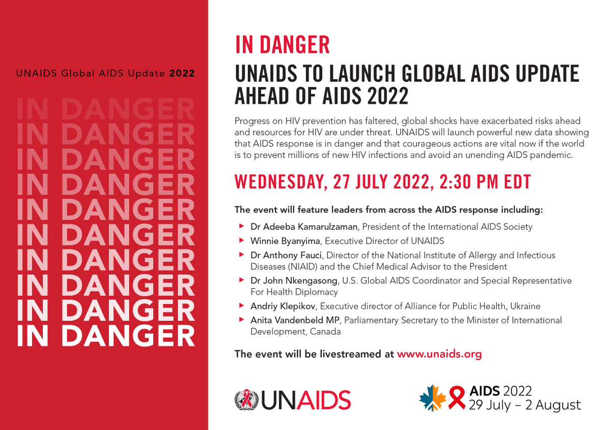 UNAIDS Global (@unaids) on Twitter photo We will launch the Global AIDS Update 2022 ahead of #AIDS2022 next week!
🗓️ 27 July 2022
⏲️ 2:30 PM EDT
📺 unaids.org
Speakers include <a href="/Winnie_Byanyima/">Winnie Byanyima</a>, <a href="/AndriyKlepikov/">Andriy Klepikov</a>, <a href="/anitavandenbeld/">Anita Vandenbeld</a>, Dr Anthony Fauci, <a href="/JNkengasong/">John Nkengasong</a>, and <a href="/ProfAdeeba/">Adeeba Kamarulzaman</a>.
You don't want to miss it! We will launch the Global AIDS Update 2022 ahead of #AIDS2022 next week!
🗓️ 27 July 2022
⏲️ 2:30 PM EDT
📺 unaids.org
Speakers include <a href="/Winnie_Byanyima/">Winnie Byanyima</a>, <a href="/AndriyKlepikov/">Andriy Klepikov</a>, <a href="/anitavandenbeld/">Anita Vandenbeld</a>, Dr Anthony Fauci, <a href="/JNkengasong/">John Nkengasong</a>, and <a href="/ProfAdeeba/">Adeeba Kamarulzaman</a>.
You don't want to miss it!