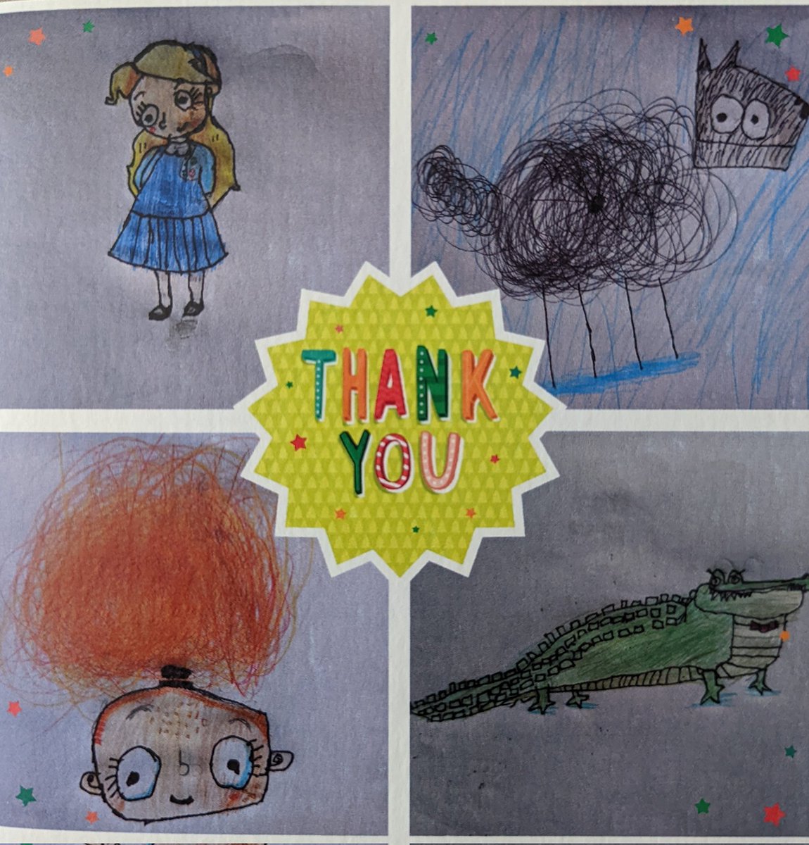 A child borrowed Peanut Jones and the Illustrated City by <a href="/RobBiddulph/">Rob Biddulph</a> from my reading book shelf and drew the characters to create a thank you card. How fantastic! 📚