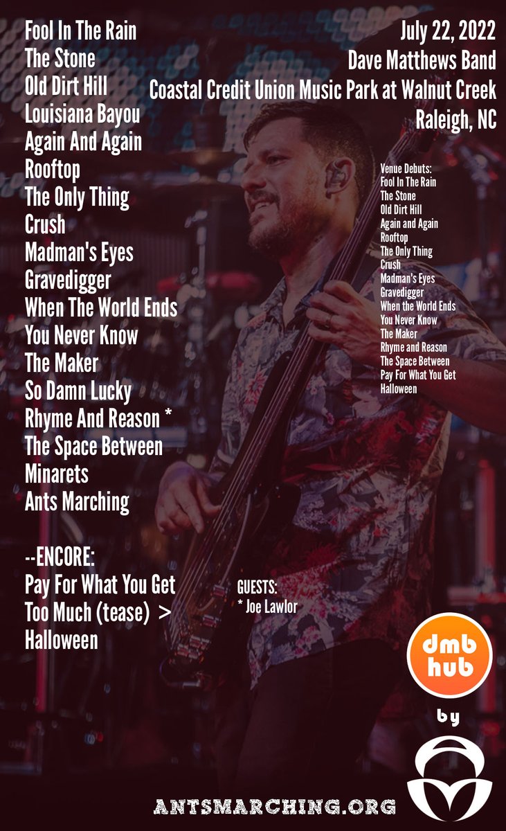 antsmarching's tweet photo. Latest DMB Show: Raleigh show gets Again and Again, Gravedigger, RaR with Lawlor and PFWYG-TM-Halloween encore. 

7/22 - Coastal Credit Union Music Park at Walnut Creek, Raleigh, NC
https://t.co/jfbpgyLt7J
*Get the DMBHub iPhone App for Show Updates &amp; More https://t.co/yZ4KC7DaKu