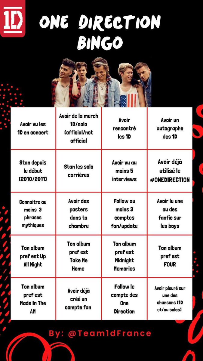 Team1DFrance's tweet image. Deuxième petit jeux, le bingo !

Vous avez juste à mettre un point sur les choses que vous possédez/avez faites

#12yearsofonedirection #12YearsOf1D