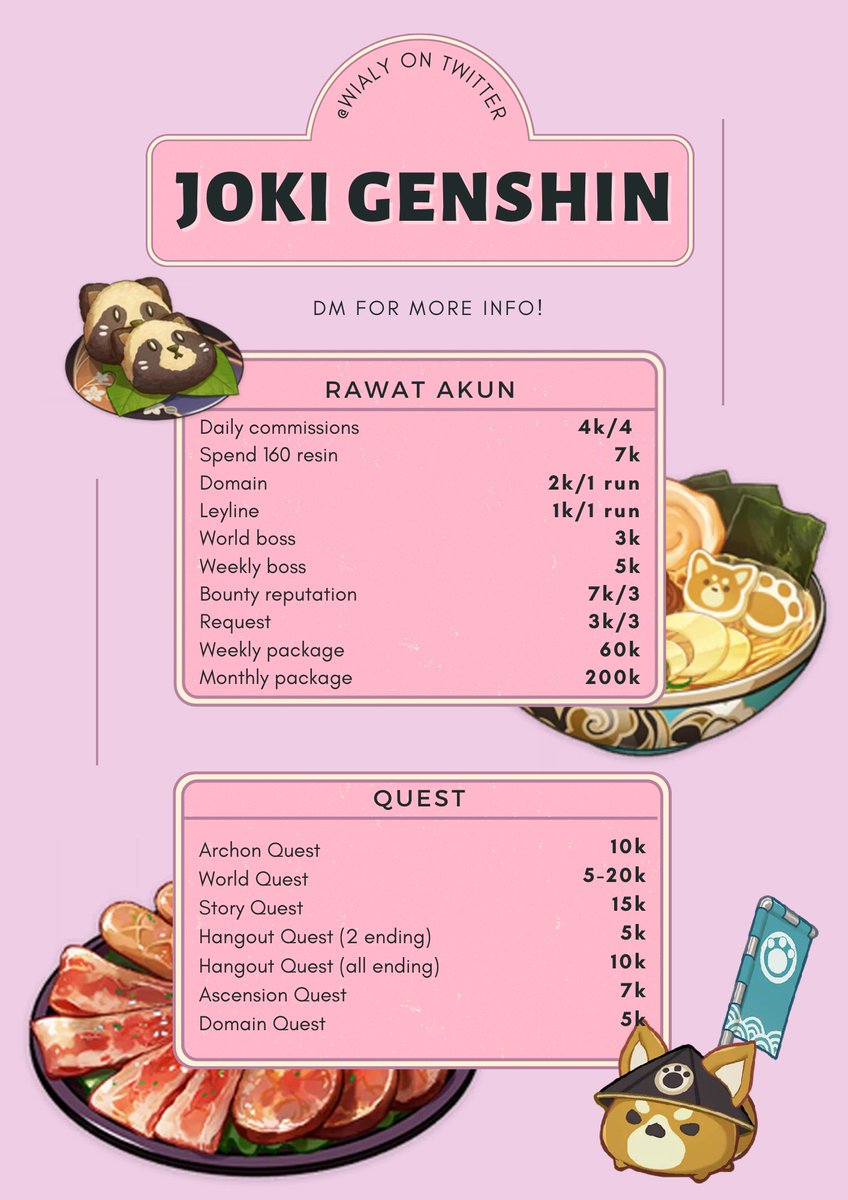 wialy's tweet photo. ㅤ
ㅤ                      ᘏ    ▸◂    ᘏ

♡  .·   we are here at your service to further help you explore the lands of teyvat! from account caretaking to fishing, resources, and even the spiral abyss, we can certainly do it all! +.˚  
ㅤ             ────ʚ˚ɞ ────
ㅤ https://t.co/PJVE6WaSIc