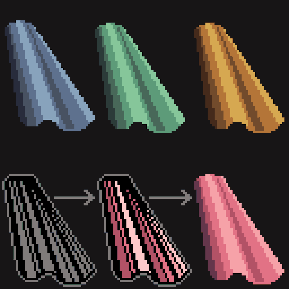 Bird_Buttocks's tweet photo. Here's a #Cape I made in a bunch of different colors for today's #pixel_dailies along with the steps i took to make it. 
@Pixel_Dailies #pixelart https://t.co/4TnhPmozHf