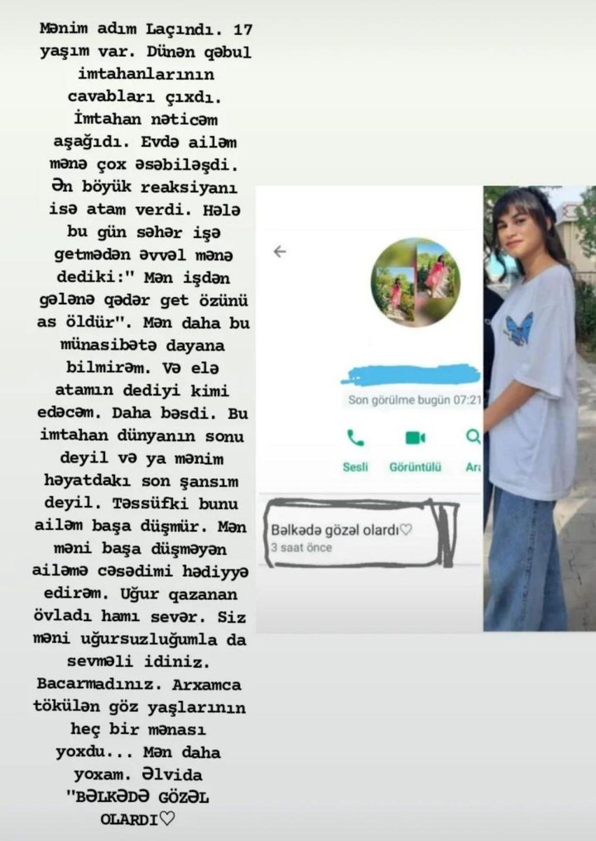Təhsilə görə intihar edən minlərlə gənc var, nə qədər insanın gələcəyi məhv olur amma heç bir valideyn bunun fərqində deyil. "Camaat nə deyər" düşüncəsi ilə öz övladlarınızın həyatın məhv edirsiniz.
Təəssüf ki, bu kimi hallar bitmiyəcək.