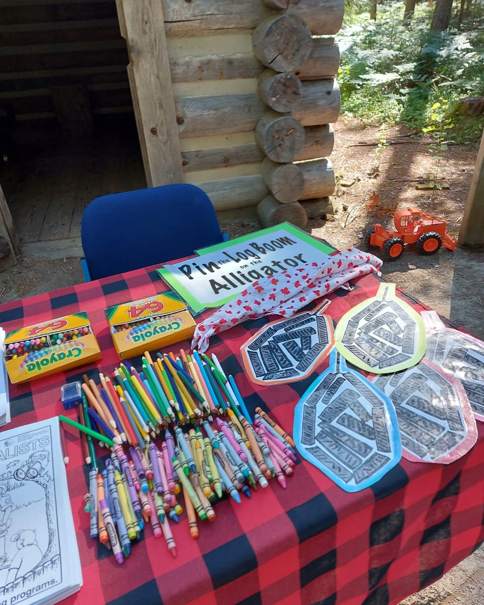 Logger's Day 2022 - Discovery Station! 🖍🔨🪵🌲👋 Come try out a stamping hammer, handle a cant hook, pin the Log Boom on the Alligator, play trivia, colour, and more! Plus temporary tattoos 🥳 @AlgonquinPark @OntarioParks