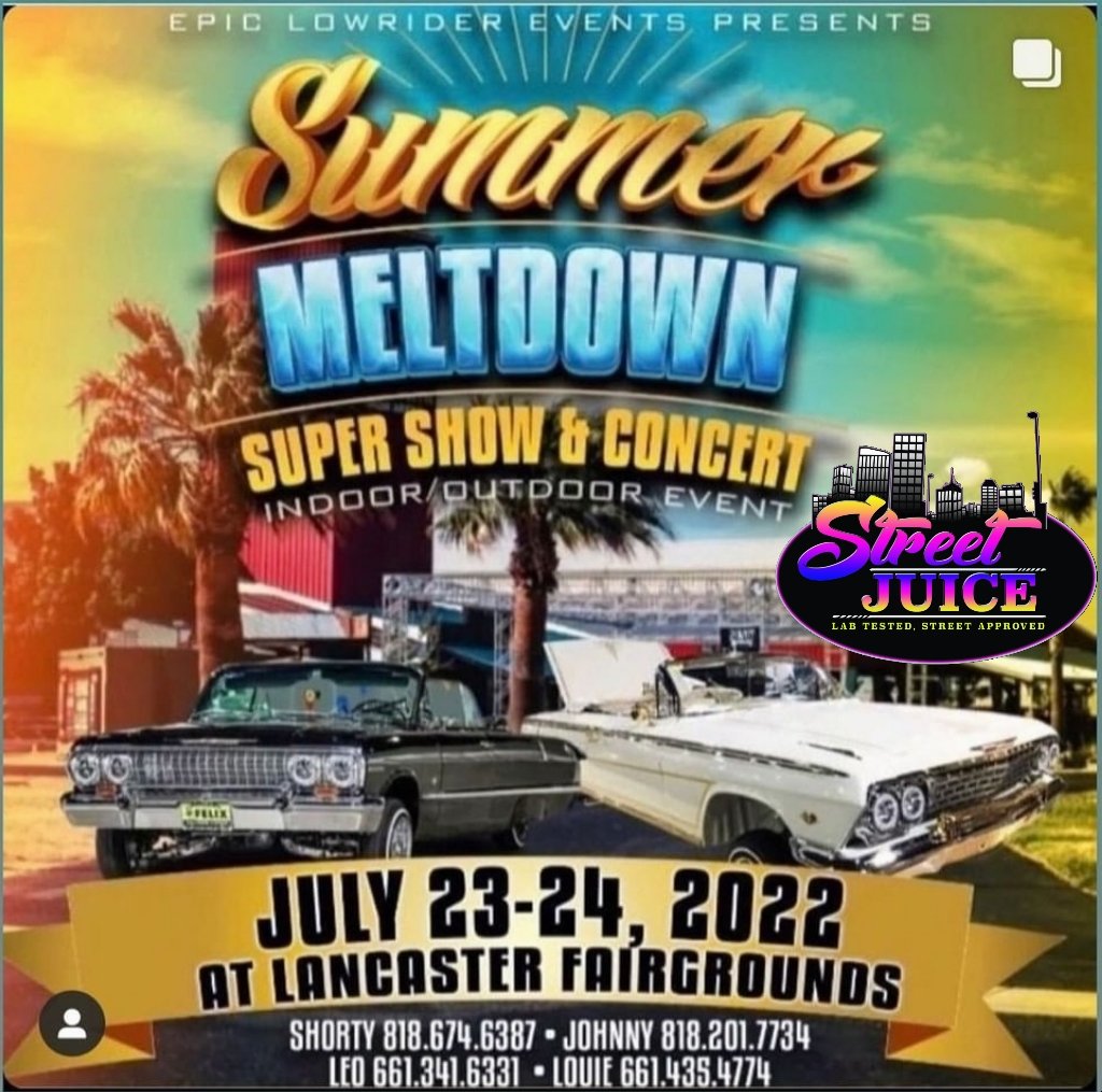 Going down this weekend in #Lancaster #California 

#Carshow
#SummerMeltdown2022 #Cali #Lowrider #StreetJuice #StreetJuiceProducts #DetailProducts #CarCareProducts #Cars #Trucks #Motorcycles #Bikes #ClassicCars #Impala #Cadillac #NotJustForYourCar #LabTestedStreetApproved