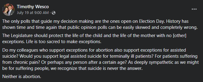 INDems's tweet photo. According to @RepWesco, children who are raped or experience incest should be forced to give birth to their attacker’s baby. Why? Because “life is too sacred”. 

If that were true, he’d put those children before the @indgop’s extremist agenda. #DefendChoice #BansOffOurBodies https://t.co/qGuAv4Yult