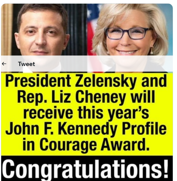 adagiovilla's tweet photo. John F. Kennedy Profile in Courage Award will honor five individuals — President Volodymyr Zelenskyy, U.S. Representative Liz Cheney, Michigan Secretary of State Jocelyn Benson, Arizona Representative Russell “Rusty” Bowers, and Wandrea’ ArShaye Moss https://t.co/STK7K38OV7