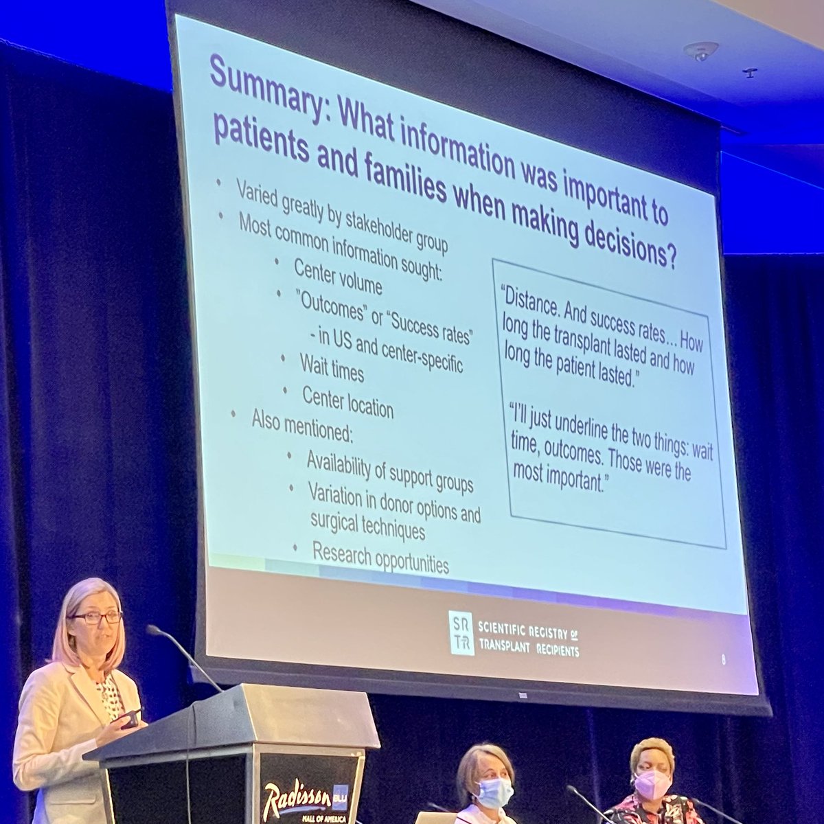 HeatherFHunt's tweet photo. Bravo to @SRTRNews for patient focus at Transplant Metrics/Task 5 Conf. 
Q1: what info matters to patients? Then more big work: making it accessible, understandable. It’s a must to reduce disparities. So ❤️’ing to hear SRTR commitment to that. #SRTRCC22 https://t.co/VpKmegbfw1