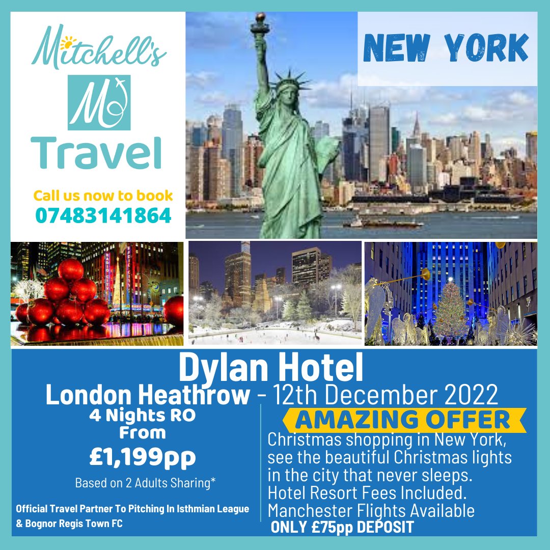 🎄New York🎄
🎀Christmas Shopping
💥AMAZING OFFER💥
✈️ Multiple UK Departures 
SEE PICTURE FOR FULL DETAILS
🌟 Call Mitchell’s Travel Today To Book Your Next Holiday
☎️ 07483141864
⚽️ Official Travel Partners To <a href="/IsthmianLeague/">The Pitching In Isthmian League</a> &amp; <a href="/rocks1883/">Bognor Regis Town</a> 
#holidays #newyork #Christmas