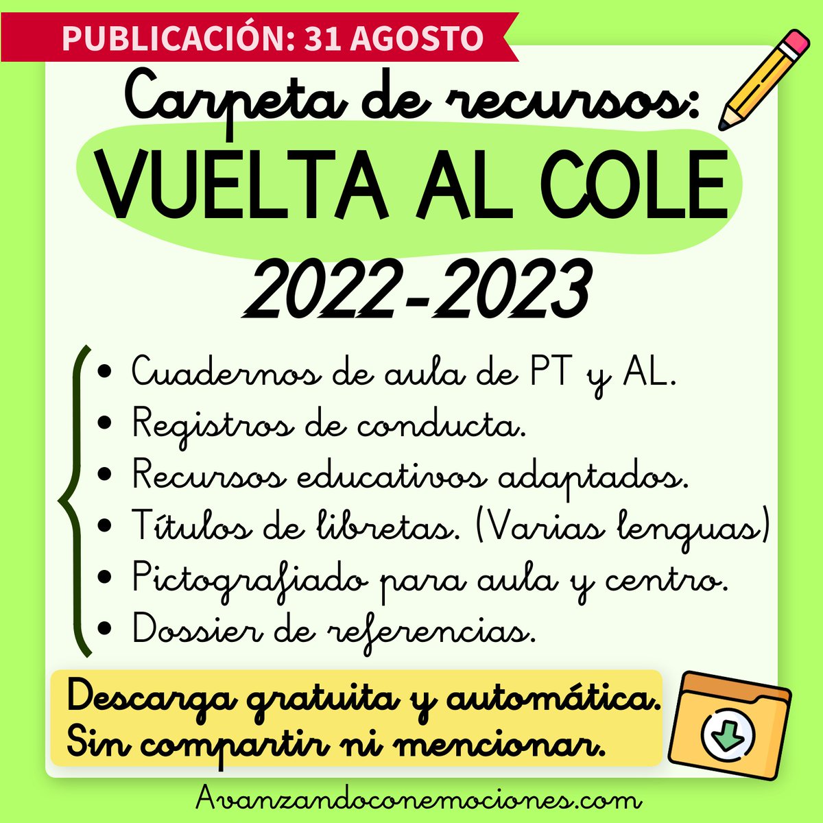 Otro año más vengo con mi carpeta de recursos de inicio de curso. Recibe un aviso, suscríbete a mi blog Avanzandoconemociones.com 📣⁣
⁣
✅ Será como siempre, libre descarga y gratis. ⁣
❌ Sin compartir, mencionar ni enviarme sangre de unicornio. ⁣

Pero se agradece difusión😉⁣