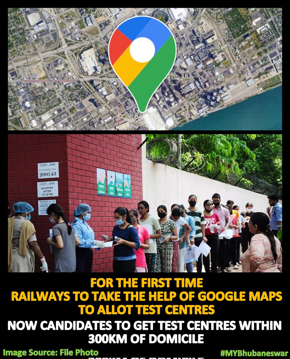 MYBBSR's tweet photo. FOR THE FIRST TIME, RAILWAYS TO TAKE THE HELP OF GOOGLE MAPS TO ALLOT TEST CENTRES
NOW CANDIDATES TO GET TEST CENTRES WITHIN 300KM OF DOMICILE
To read more, check the link below:-
https://t.co/baEf6nh2nP
#railway #GoogleMaps #testcentres #Odisha #Bhubaneswar #India https://t.co/AfulpsLq51