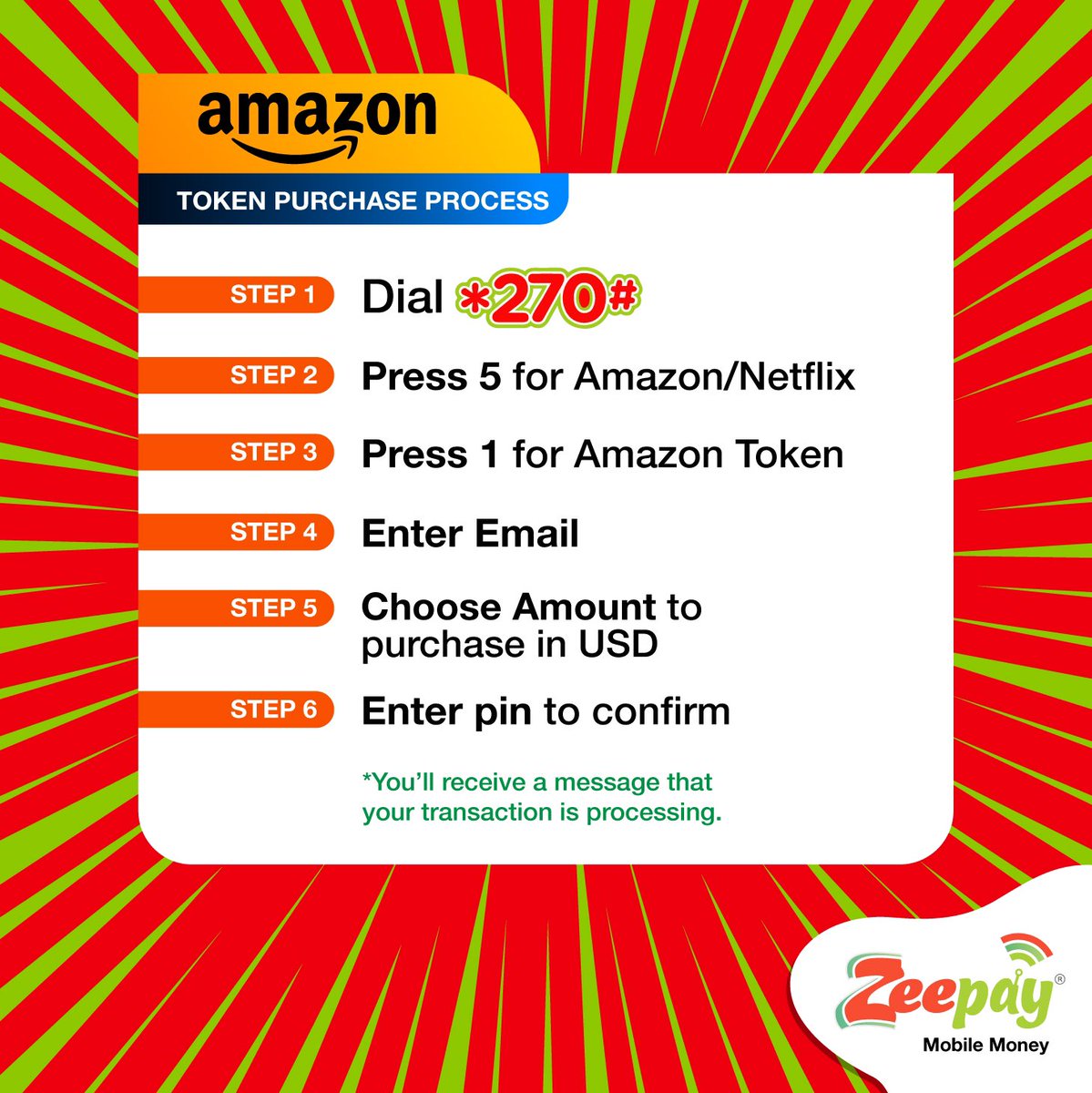 myzeepay's tweet photo. Do you want to  purchase a token on Amazon? Then dial *270# to initiate the process. Below is the step-by-step guide to purchase.

#zeepaywallet #zeepaymobilemoney #asantekotoko_sc #transactions #AKSC #Amazon #amazontoken https://t.co/cwlV1NHGdl