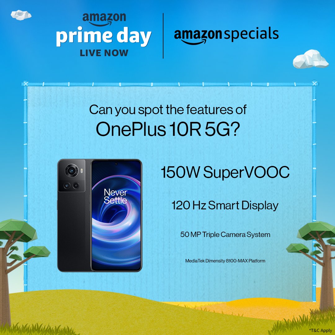 amazonIN's tweet photo. #ContestAlert Spot the features and the OnePlus 10R 5G will be a cakewalk for you. 
Share your answer with  #OnePlus10ROnAmazonPrimeDay and #AmazonSpecials to win! https://t.co/Zy9aOLVS71