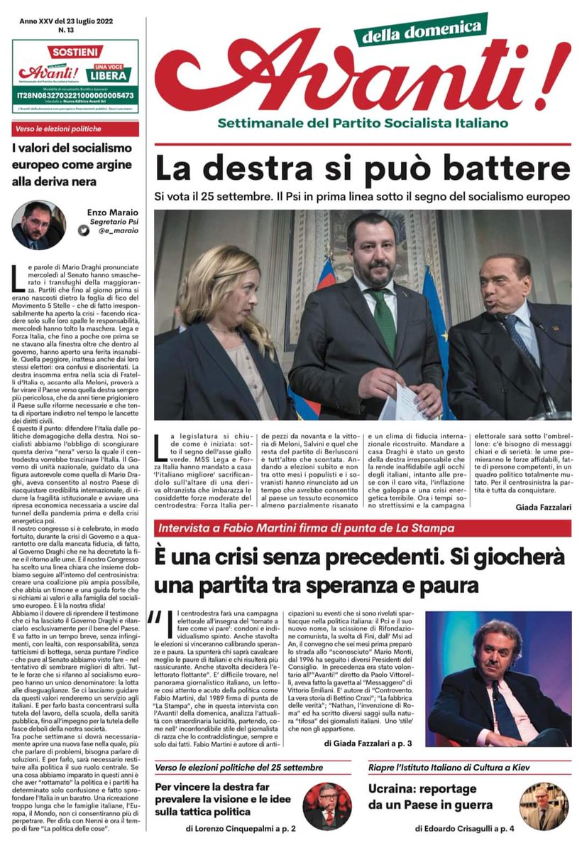Come tutti i sabati oggi in edicola e online <a href="/Avanti_PSI/">Avanti settimanale</a>. Dalla prima: 
🔴 <a href="/e_maraio/">Enzo Maraio</a>: i valori del socialismo europeo come argine alla deriva nera
🔴 <a href="/GiadaFazzalari/">Giada Fazzalari</a>: la destra si può battere
E ancora #Esteri #Ucraina #lavoro #scuola #elezionianticipate
