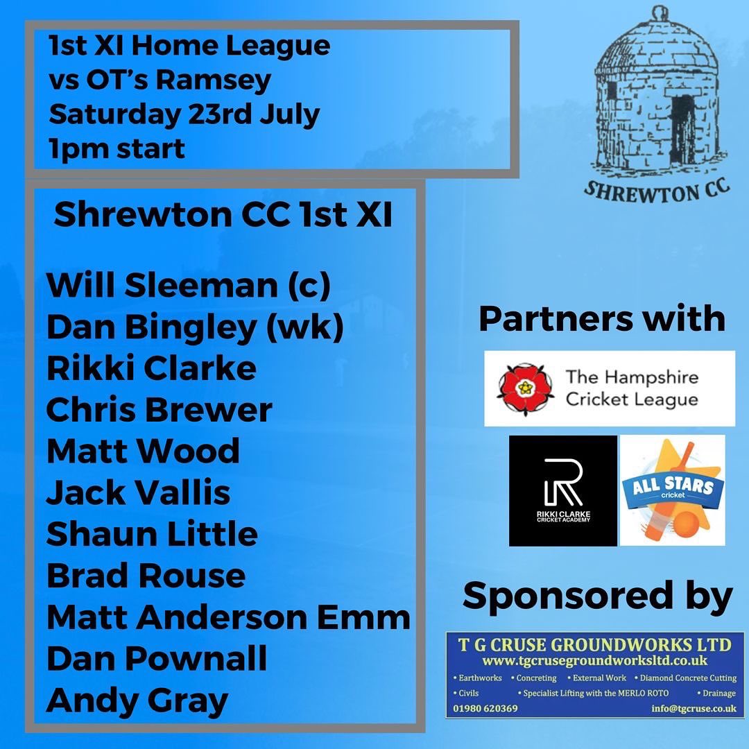 ShrewtonCC's tweet photo. TEAM NEWS π¨
1st XI are at home to @OtRomsey and the 2nd XI are away at @ringwoodcricket. Itβs going to be a beautiful day, come down and support the lads π #weareshrewton https://t.co/JUwu1gTHCX