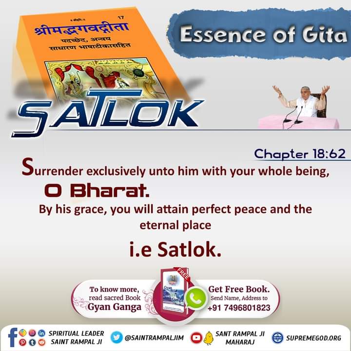 Essence of Gita
Chapter 18:62
Surrender exclusively unto him with your whole being, O Bharat. By his grace, you will attain perfect peace and the 
eternal place i.e Satlok.
To know, read secret book 