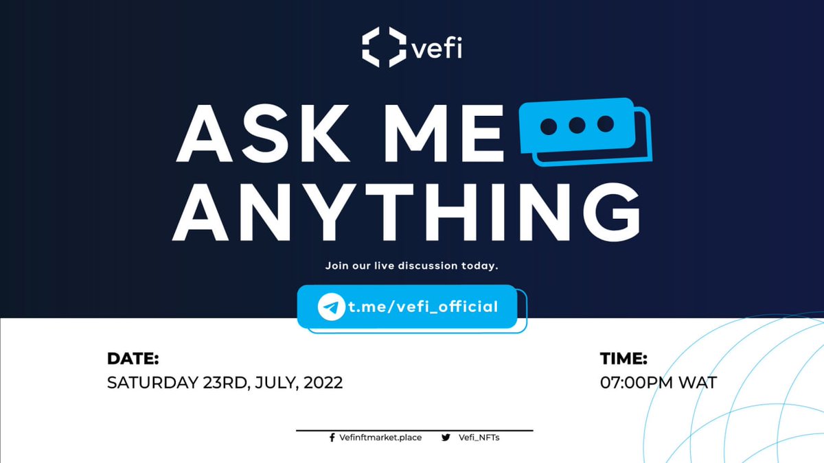 vefdefi's tweet photo. 📢📢 ANNOUNCEMENT!!!📢📢
We are delighted to announce our upcoming #AMA🎙️this evening in our telegram community.👪
🗓️:23 July 2022
⏰: 7pm WAT
🏛️Venue: https://t.co/LzOTKzG2UI
📌Like, share & comment and tag 3 friends
#vefiEcosystem #vefiToken https://t.co/5ay2g8HujS https://t.co/sHqJJykx90