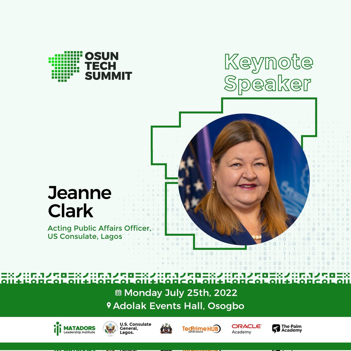 matadorsnigeria's tweet photo. We are excited to have Jeanne Clark as our keynote speaker at the Osun Tech Summit.

@USinNigeria 

#osuntechsummit
#osungirlscancode https://t.co/4ZQAcRUCsT