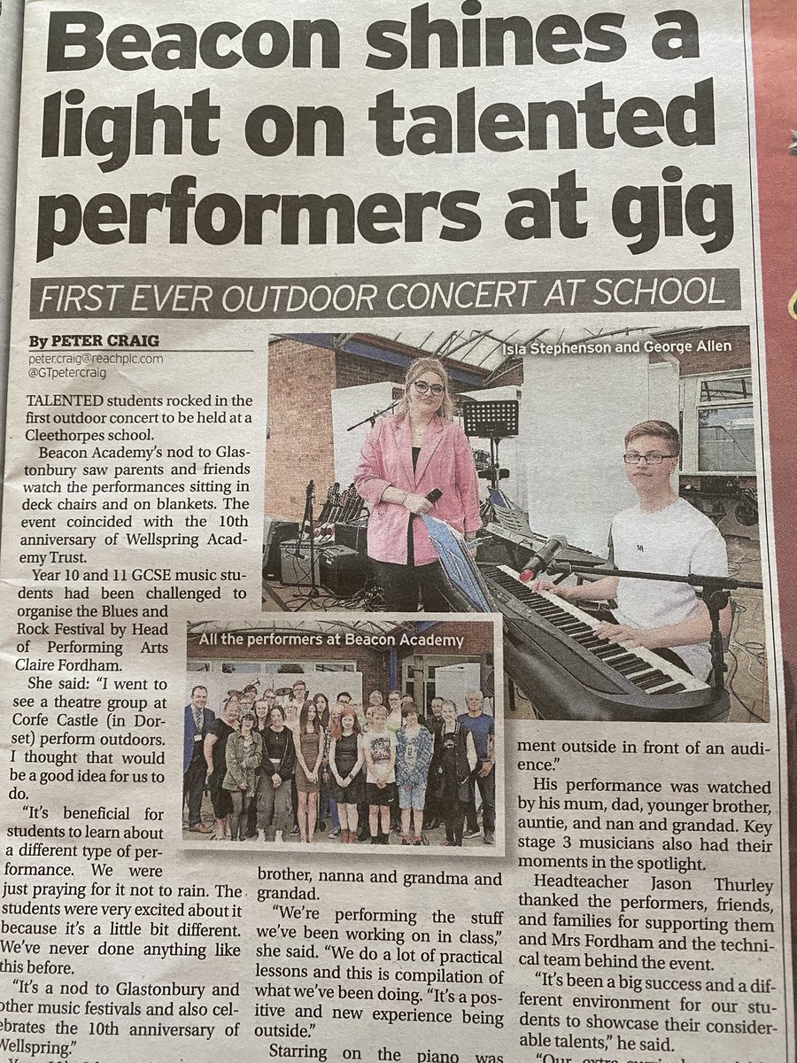 BeaconAcademyCL's tweet photo. A nice story on page 11 of today’s @GrimsbyLive featuring our recent ‘Open-Air’ concert. @WellspringAT @MarkWilCEO @davewhitaker246 https://t.co/KnCriXvmnz