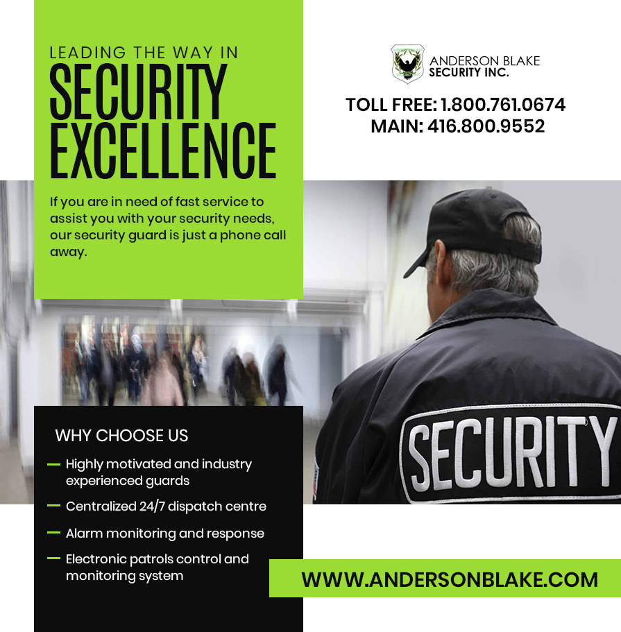 Contact Anderson Blake Security:
Call us at 416-800-9552
andersonblake.com
#security #securityservices #SecurityGuard  #residentialsecurity #commercialsecurity #eventsecurity #mallsecurity #plazasecurity