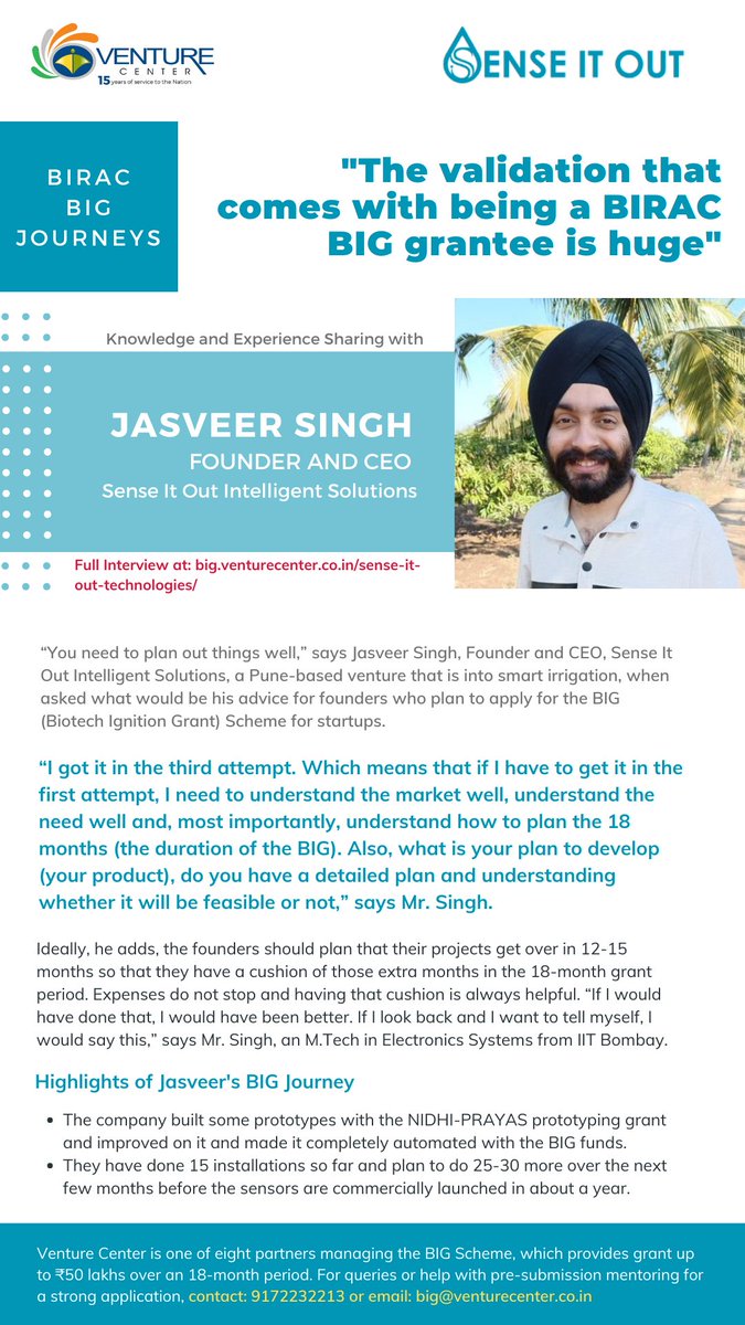 venture_center's tweet photo. Third time lucky! In Jasveer's BIG journey, there’s something inspiring for all of us to tap into for an extra dose of motivation. Applying for BIRAC's BIG grant? Check out Jasveer's dos and donts to increase the chances of success in your first attempt: https://t.co/soq8wp9ZES https://t.co/AkkFSBPloH