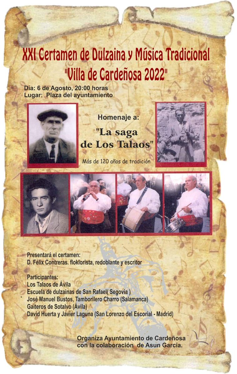 El 6 de agosto a las 20h en la Plaza del Ayuntamiento de Cardeñosa (Ávila), XXI Certamen de Dulzaina y Música Tradicional "Villa de Cardeñosa 2022".
#dulzaina #folklore #musicatradicional