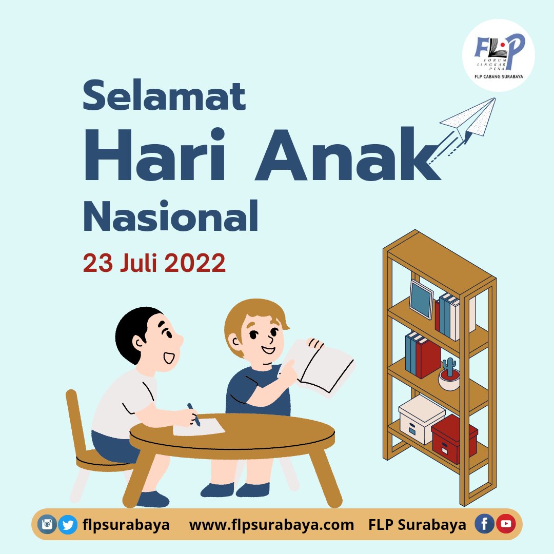 Selamat Hari Anak Nasional.

Semoga makin banyak anak-anak yang jatuh suka dengan dunia literasi dan melahirkan banyak karya.

#harianaknasional #flpoke #flpsurabaya #flpjatim #forumlingkarpena